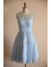 Light Blue Lace V Back Short Bridesmaid Dress